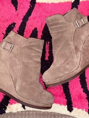Women's Taupe Suede Wedge Booties with Buckle